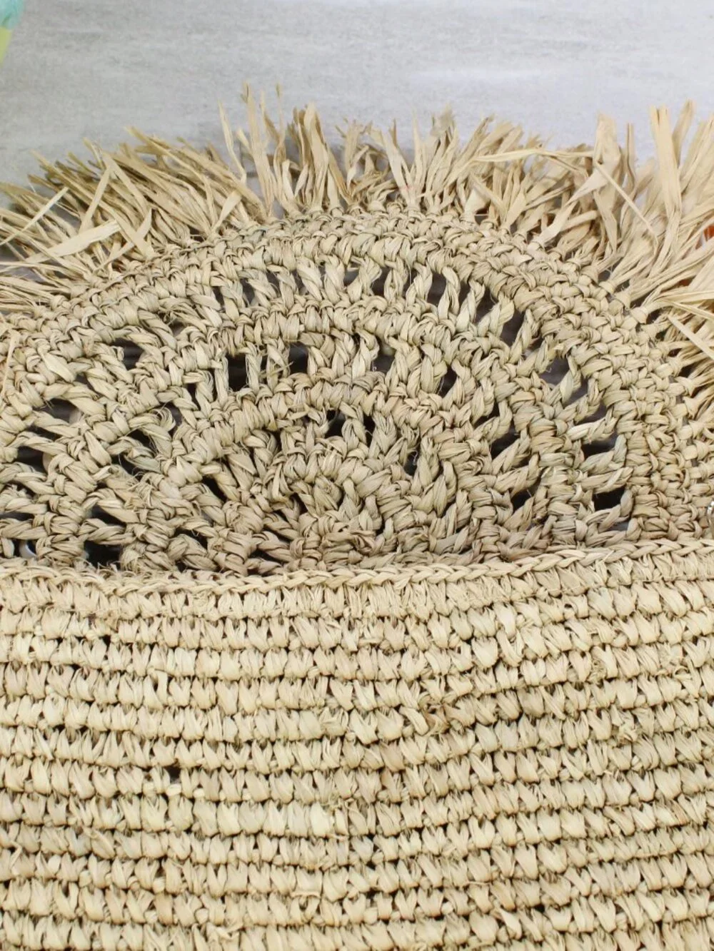Handmade Boho Raffia Fringe Foldover Arc Clutch Bag with Seashells